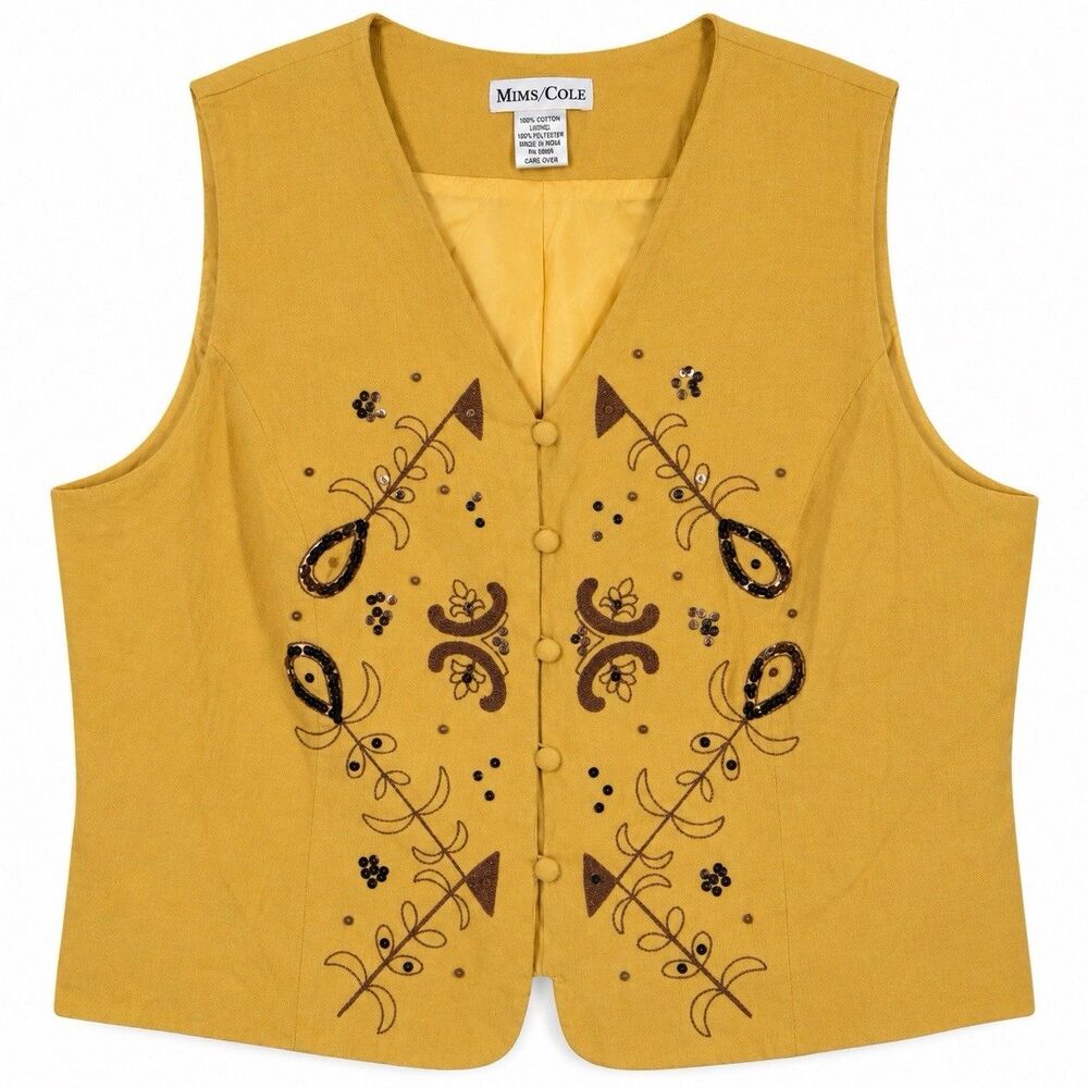 Vintage 90s Womens XL 100% Silk Beaded Vest Mustard Gold Western Boho